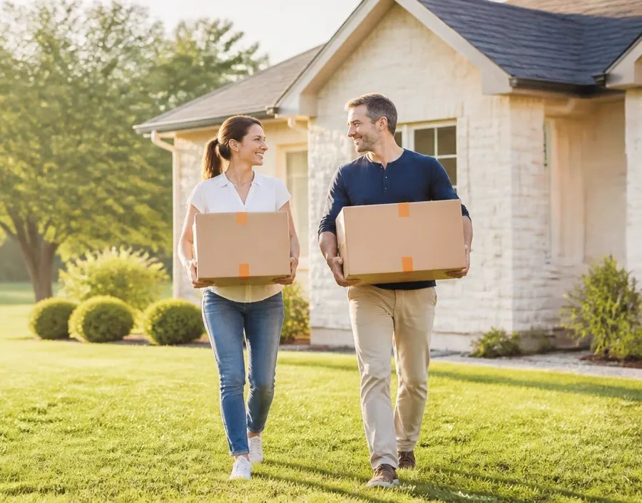 A couple carrying moving boxes across the lawn toward their new Texas home